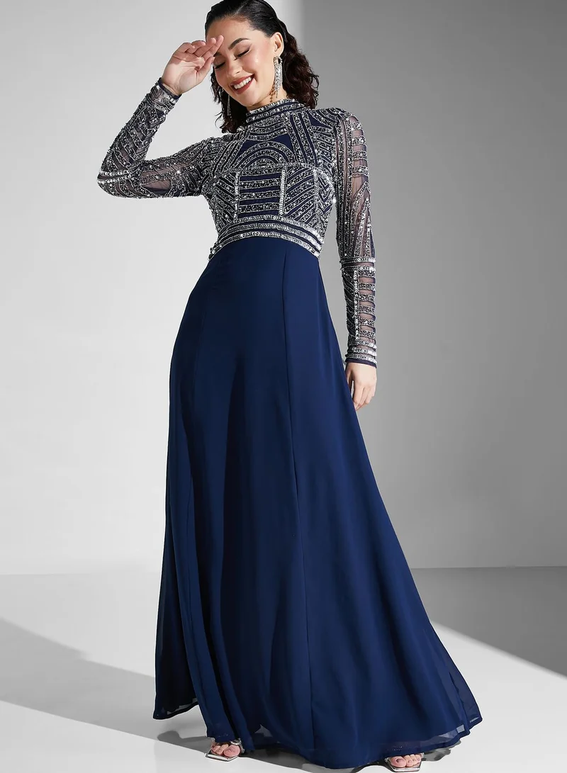 Amelia Rose High Neck Slit Sequin Detail Dress