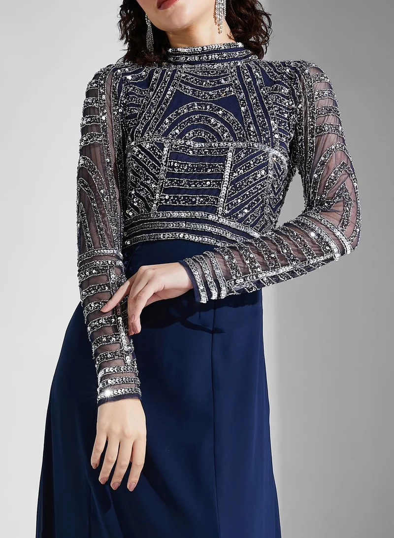 Amelia Rose High Neck Slit Sequin Detail Dress