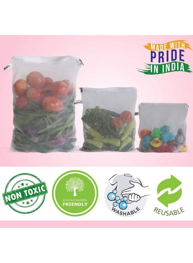 Beddify Set of 6 Reusable Fridge Storage Bags for Vegetables and Fruits with Zipper Dual Layer Mesh Net Multipurpose Multi-Size Kitchen Storage Bags Organizer (White) - Image 3