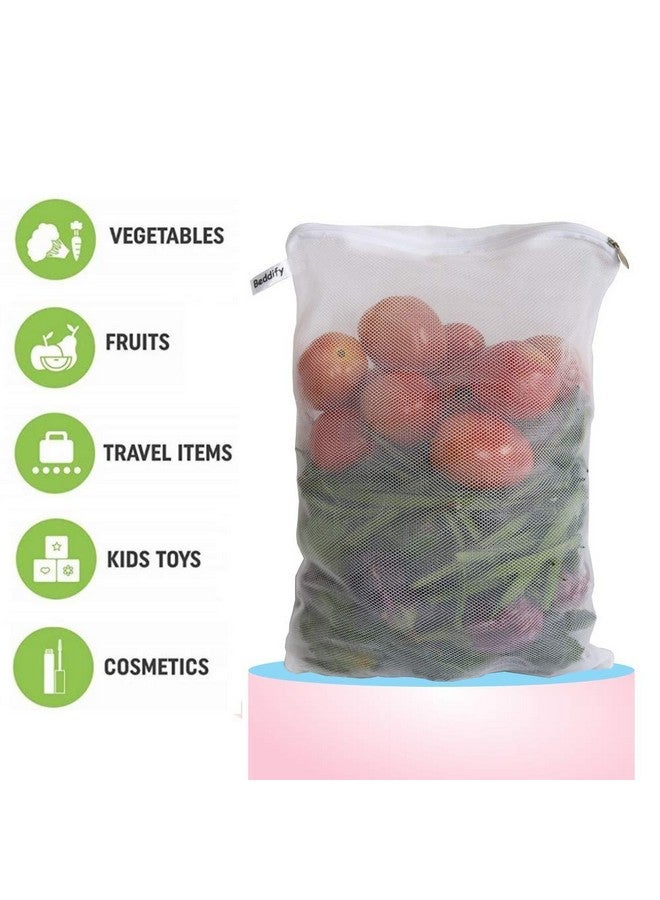 Beddify Set of 6 Reusable Fridge Storage Bags for Vegetables and Fruits with Zipper Dual Layer Mesh Net Multipurpose Multi-Size Kitchen Storage Bags Organizer (White) - Image 2