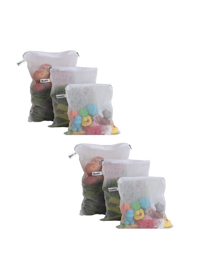 Beddify Set of 6 Reusable Fridge Storage Bags for Vegetables and Fruits with Zipper Dual Layer Mesh Net Multipurpose Multi-Size Kitchen Storage Bags Organizer (White) - Image 1