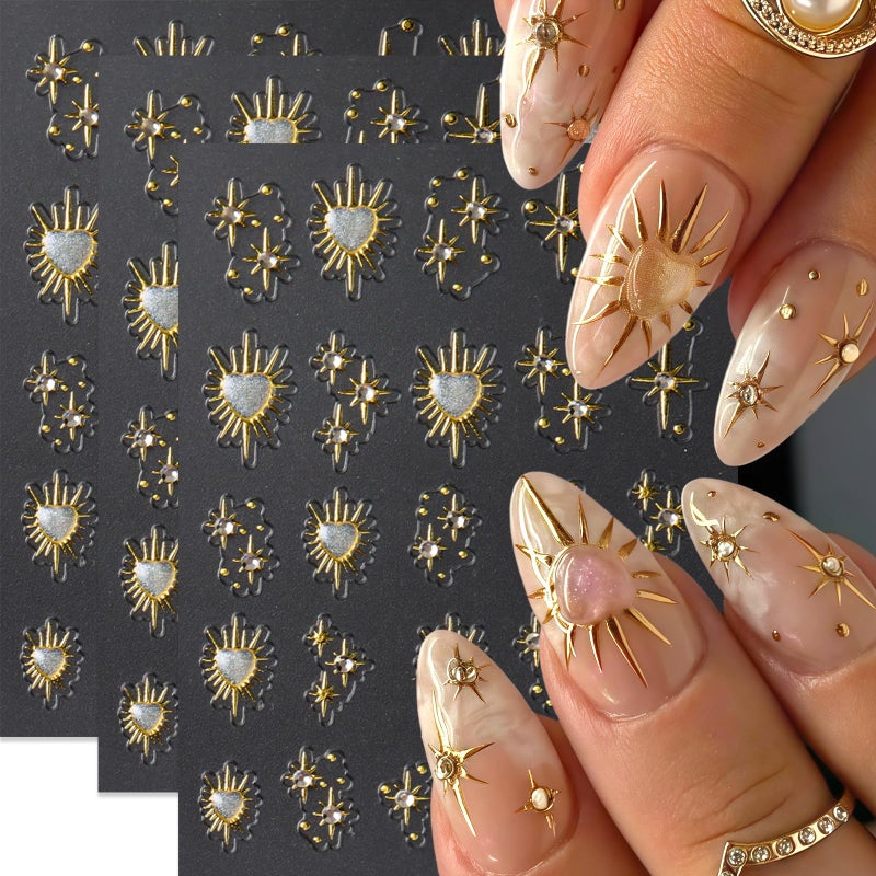 Quezadyl 3 Sheets Star Nail Stickers for Nail Art 5D Embossed Gold Nail Decals with Heart Rhinestones Star Design Manicure Supplies Aurora Heart Metallic Star Nail Art Stickers for Women DIY Decor Accessories - Image 1