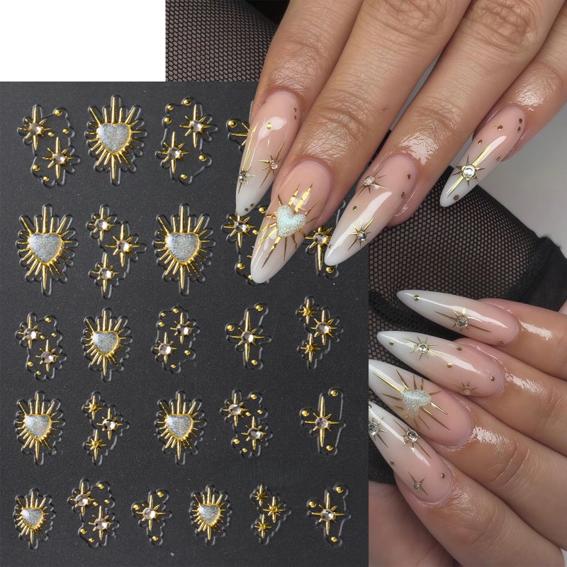 Quezadyl 3 Sheets Star Nail Stickers for Nail Art 5D Embossed Gold Nail Decals with Heart Rhinestones Star Design Manicure Supplies Aurora Heart Metallic Star Nail Art Stickers for Women DIY Decor Accessories - Image 2