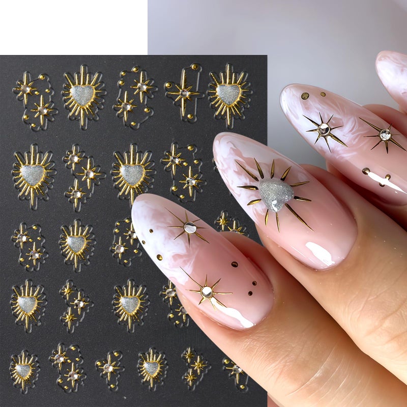 Quezadyl 3 Sheets Star Nail Stickers for Nail Art 5D Embossed Gold Nail Decals with Heart Rhinestones Star Design Manicure Supplies Aurora Heart Metallic Star Nail Art Stickers for Women DIY Decor Accessories - Image 5