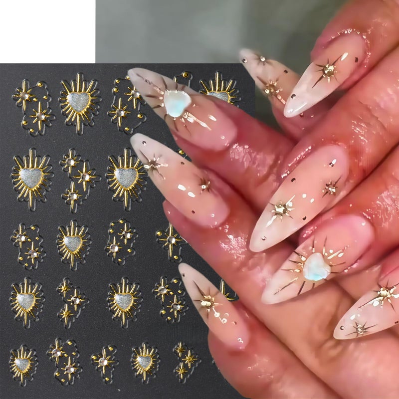 Quezadyl 3 Sheets Star Nail Stickers for Nail Art 5D Embossed Gold Nail Decals with Heart Rhinestones Star Design Manicure Supplies Aurora Heart Metallic Star Nail Art Stickers for Women DIY Decor Accessories - Image 3