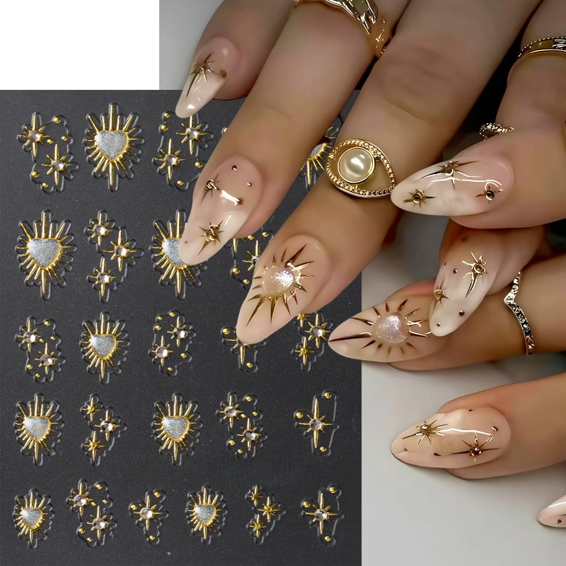 Quezadyl 3 Sheets Star Nail Stickers for Nail Art 5D Embossed Gold Nail Decals with Heart Rhinestones Star Design Manicure Supplies Aurora Heart Metallic Star Nail Art Stickers for Women DIY Decor Accessories - Image 4
