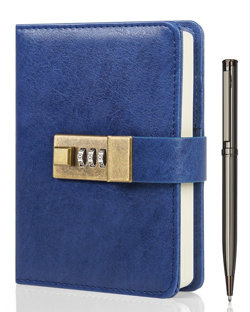 WEMATE Journal with Lock, A6 PU Leather Diary with Lock 240 Pages, Locked Journal Password Notebook with Pen & Gift Box, Locking Diary Planner Organizer for Men and Women 4.3X 6.18in Blue - Image 1