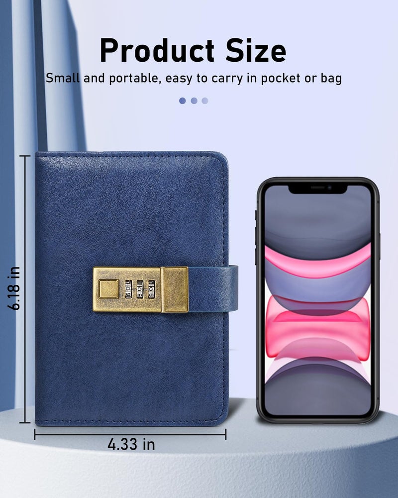 WEMATE Journal with Lock, A6 PU Leather Diary with Lock 240 Pages, Locked Journal Password Notebook with Pen & Gift Box, Locking Diary Planner Organizer for Men and Women 4.3X 6.18in Blue - Image 2