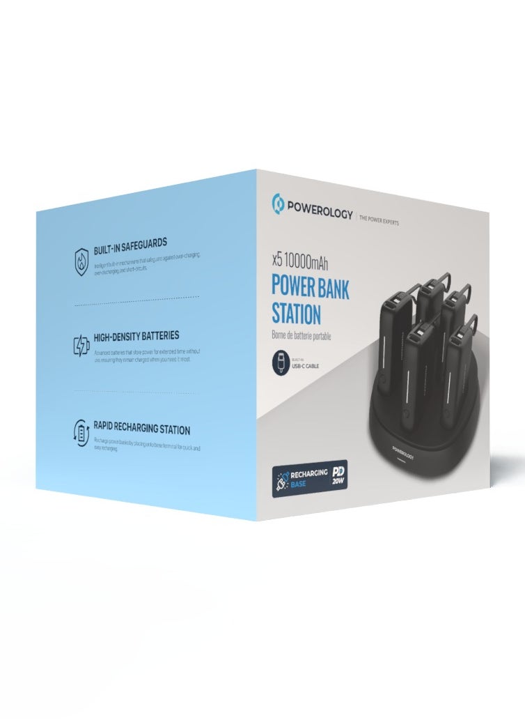 Powerology - x5 10000 mAh Power Bank Station 10000mAh with Built-In Type-C Cable / Recharging Base PD20W / USB-C & USB-A Outputs/ Ultimate Charging Terminal / Built-in Safeguard /Durable Reliable Power Station - Black - Image 1