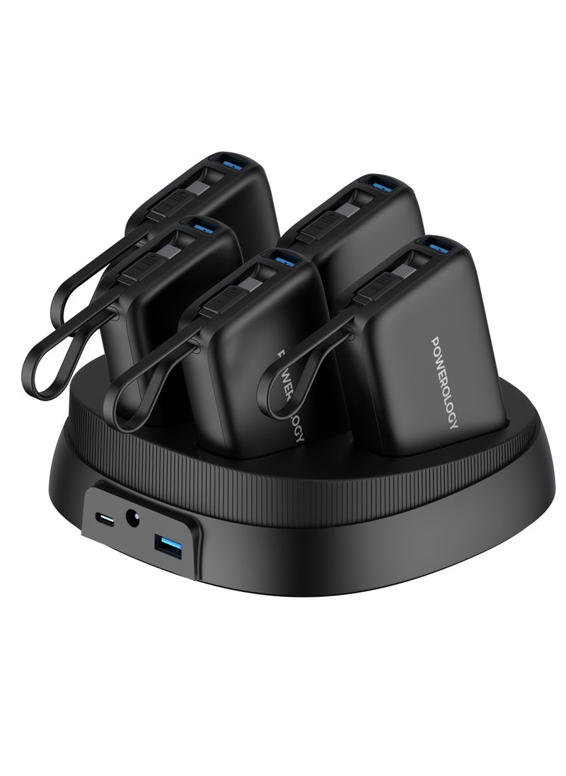 Powerology - x5 10000 mAh Power Bank Station 10000mAh with Built-In Type-C Cable / Recharging Base PD20W / USB-C & USB-A Outputs/ Ultimate Charging Terminal / Built-in Safeguard /Durable Reliable Power Station - Black - Image 1