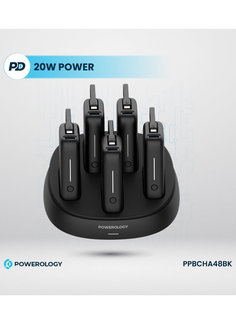 Powerology - x5 10000 mAh Power Bank Station 10000mAh with Built-In Type-C Cable / Recharging Base PD20W / USB-C & USB-A Outputs/ Ultimate Charging Terminal / Built-in Safeguard /Durable Reliable Power Station - Black - Image 1