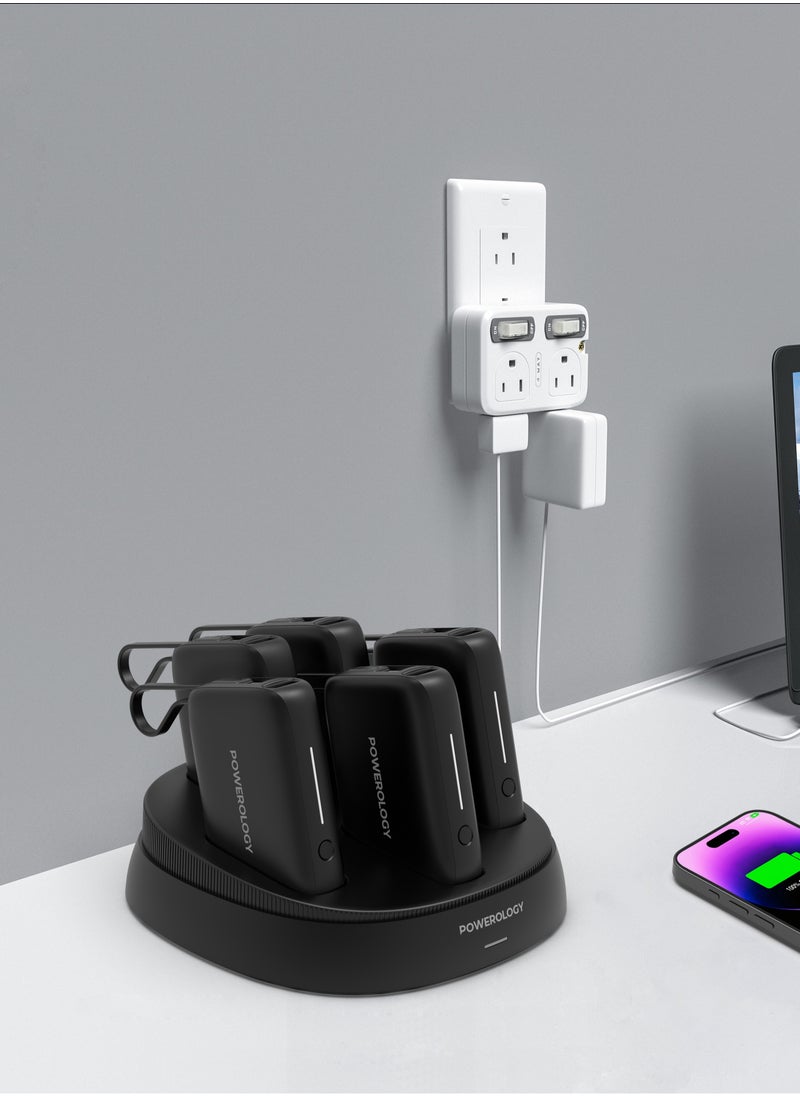 Powerology - x5 10000 mAh Power Bank Station 10000mAh with Built-In Type-C Cable / Recharging Base PD20W / USB-C & USB-A Outputs/ Ultimate Charging Terminal / Built-in Safeguard /Durable Reliable Power Station - Black - Image 1