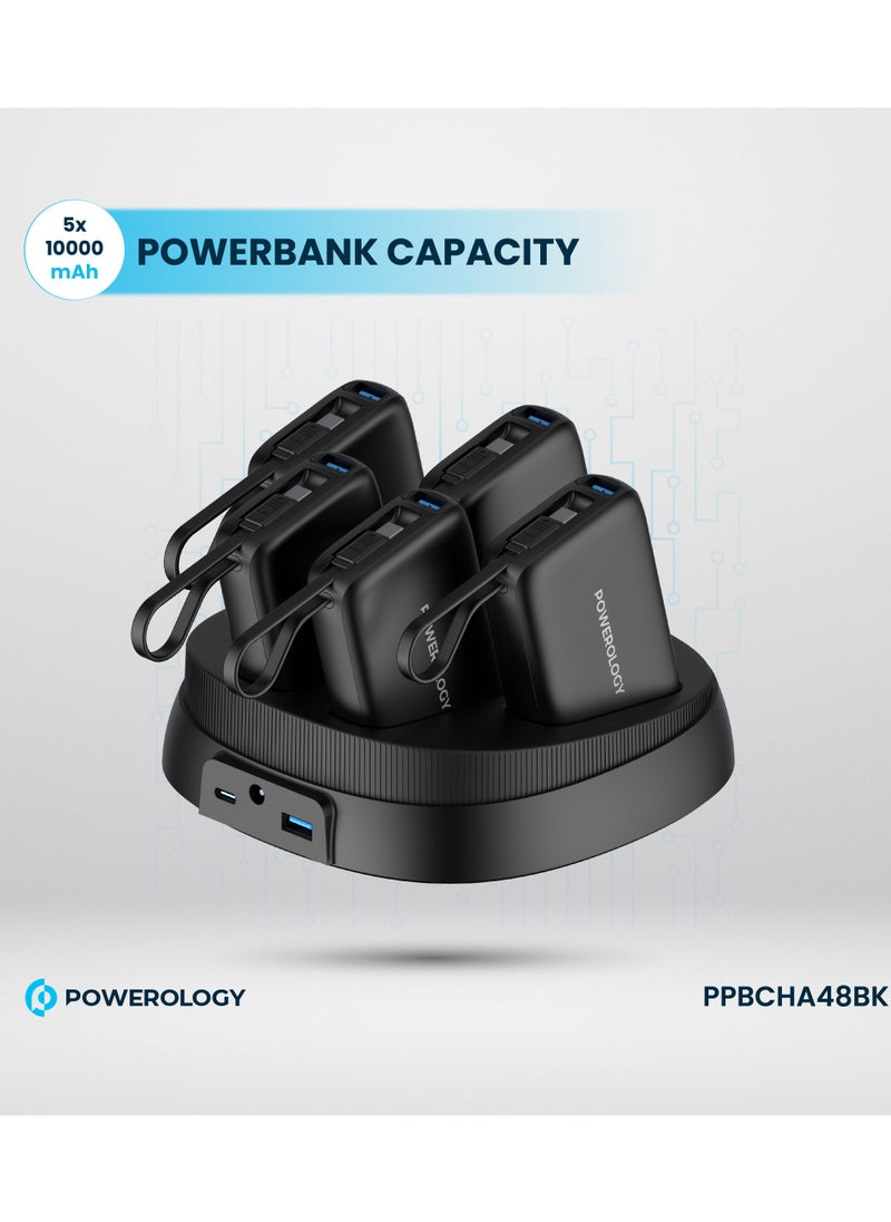 Powerology - x5 10000 mAh Power Bank Station 10000mAh with Built-In Type-C Cable / Recharging Base PD20W / USB-C & USB-A Outputs/ Ultimate Charging Terminal / Built-in Safeguard /Durable Reliable Power Station - Black - Image 1