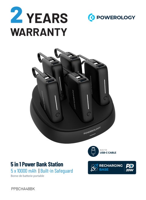 x5 10000 mAh Power Bank Station 10000mAh with Built-In Type-C Cable / Recharging Base PD20W / USB-C & USB-A Outputs/ Ultimate Charging Terminal / Built-in Safeguard /Durable Reliable Power Station - Black