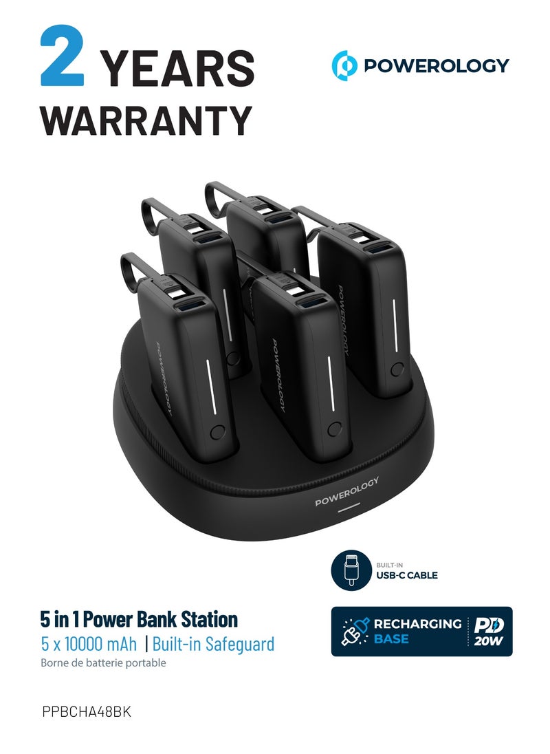 Powerology - x5 10000 mAh Power Bank Station 10000mAh with Built-In Type-C Cable / Recharging Base PD20W / USB-C & USB-A Outputs/ Ultimate Charging Terminal / Built-in Safeguard /Durable Reliable Power Station - Black - Image 1