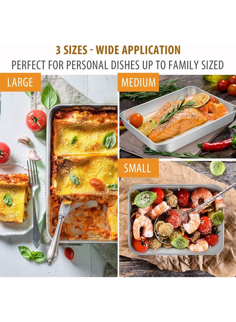Soofam Baking Pans Set of 3, Stainless Steel Sheet Cake Pan for Oven - 13.5/25/30CM, Rectangle Bakeware Set for Cake Lasagna Brownie Casserole Cookie, Non-toxic & Healthy, Dishwasher Safe - Image 2