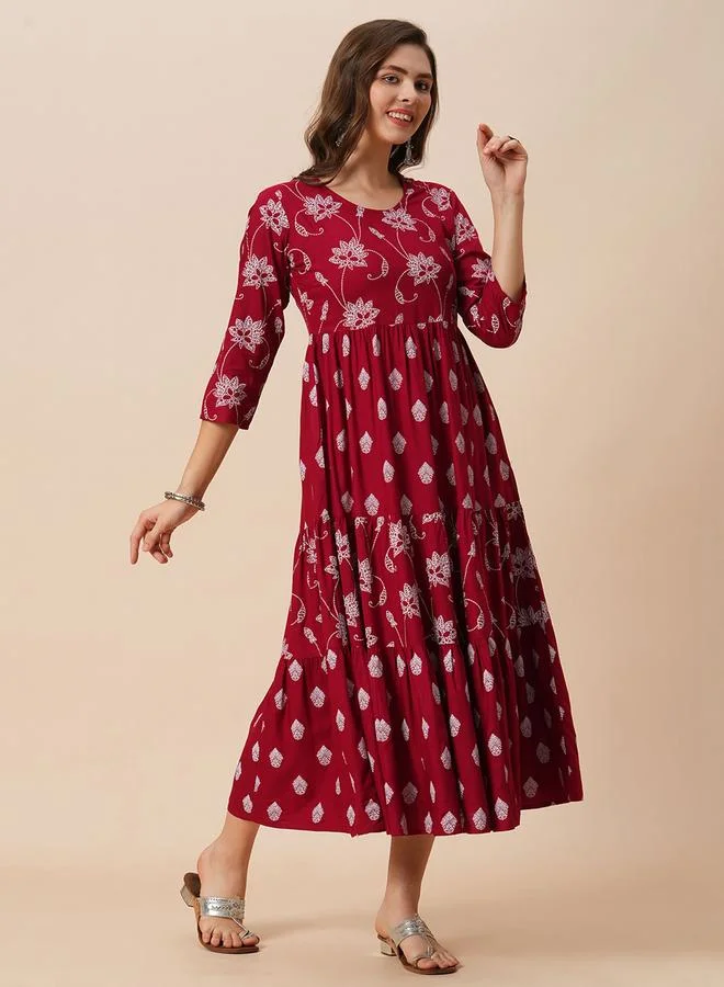 globus Floral Ethnic Print Gathered Tiered Midi Dress