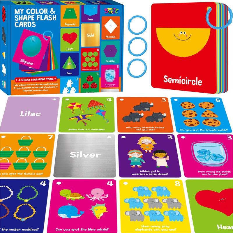 SpriteGru Color Shape Flashcards 50 DoubleSided Cards 30 Colors 20 Shapes Colorful Cards Educational Learning Tools for Preschool and Toddlers 3 Reclosable Rings Attached - Image 3