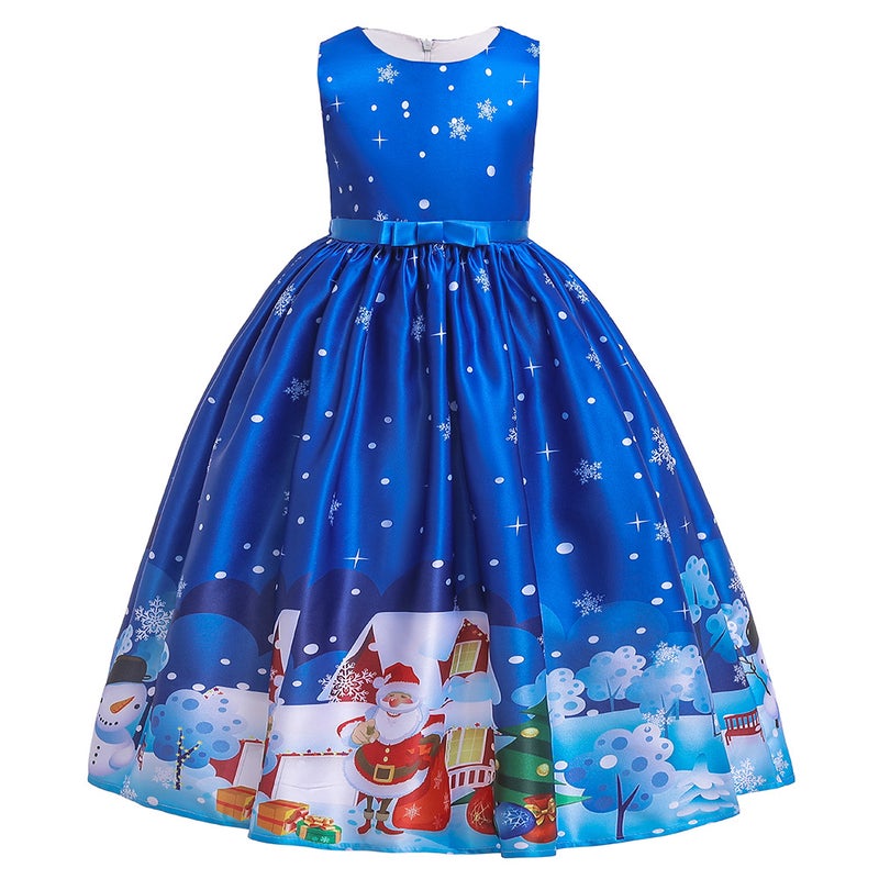 Santa Claus Snowflake Cartoon Print Dress Childrens Dress Long Dress Princess dress Christmas Performance Dress SD051-Blue