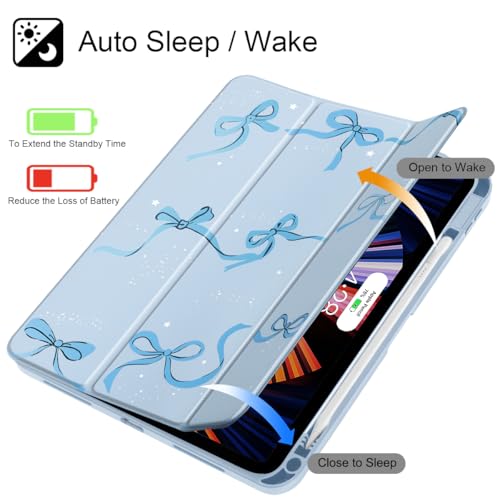 May Chen for iPad Air 11-inch M4/M3/M2 (2026/2025/2024), iPad Air 5th/4th 10.9 Inch - Shockproof Cover with Clear Back Shell & Penceil Holder Auto Wake/Sleep Stand Cover, Blue Bows - Image 3