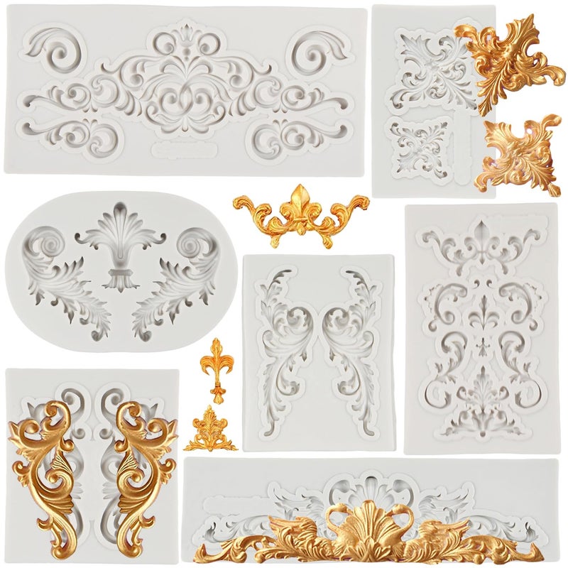 FCKEMLDS Baroque Style Curlicues Scroll Lace Fondant Silicone Mold Filigree Mold 3D Sculpted Flower Cake Molds For Cake Decoration Cupcake Topper Chocolate Candy Polymer Clay Gum Paste Set of 7 - Image 1