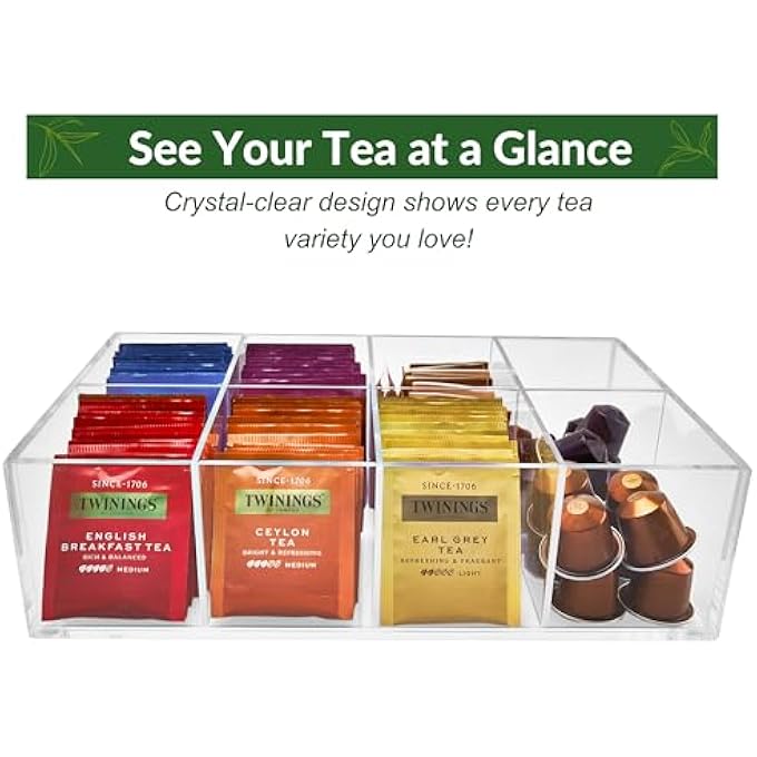 Meicloud Acrylic Tea Bag Organizer  Clear Tea Storage Box K Cup Coffee Pods Holder With 8 Compartments Tea Station Organizer For Countertop Modern Tea Display Stand - Image 5
