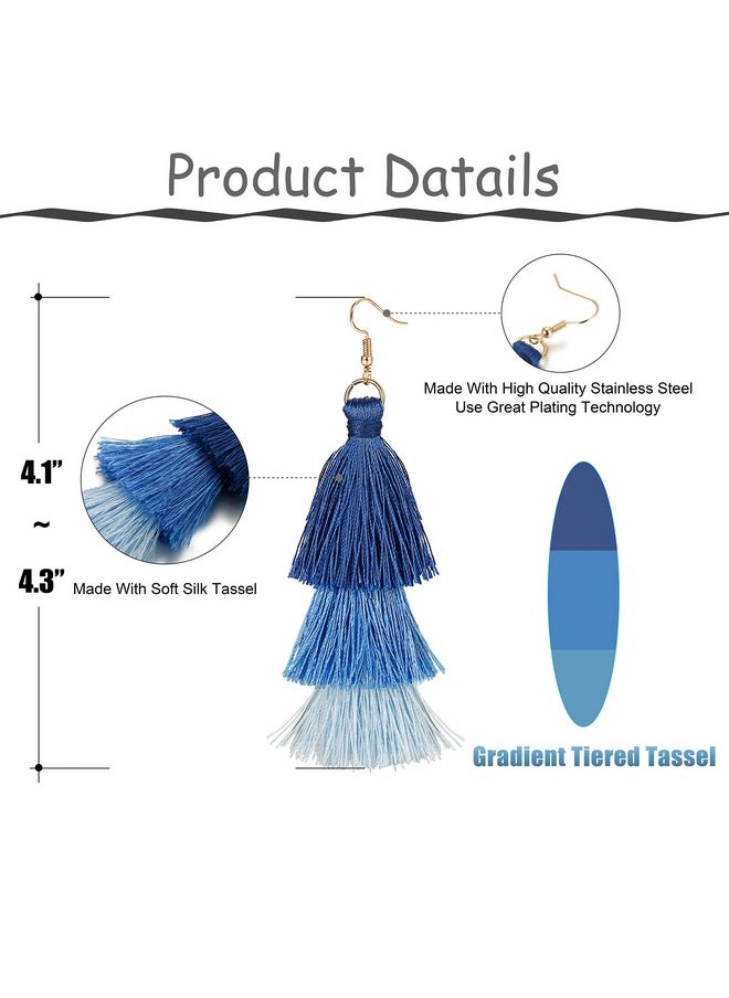 Finrezio Dangle Tassel Blue Earring For Women Girls Boho Earring Long Thread Tassel Earrings Bohemian Fringe Drop Handmade Earringsgradient  - Image 3