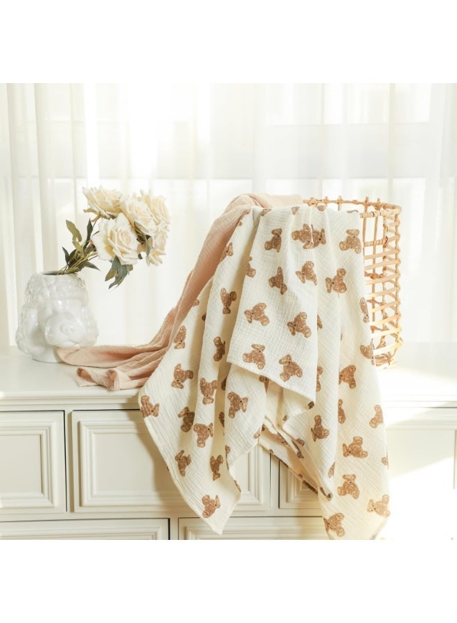 انسولار قطعتان بطانات لف أطفال، شاش قطني مكرمش مزدوج الطبقات، لحف المواليد الكبير 120×120 سم، تنفس مثالي - كاكي سادة وبنقش دب لطيف - Image 4