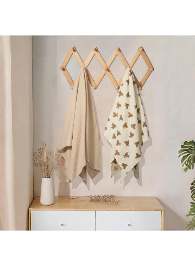 انسولار قطعتان بطانات لف أطفال، شاش قطني مكرمش مزدوج الطبقات، لحف المواليد الكبير 120×120 سم، تنفس مثالي - كاكي سادة وبنقش دب لطيف - Image 3