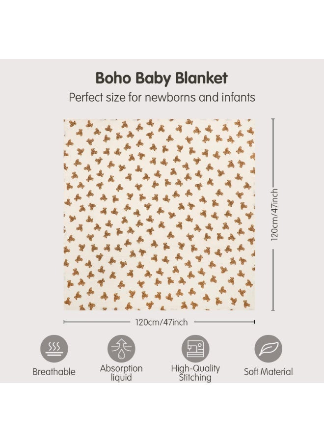 انسولار قطعتان بطانات لف أطفال، شاش قطني مكرمش مزدوج الطبقات، لحف المواليد الكبير 120×120 سم، تنفس مثالي - كاكي سادة وبنقش دب لطيف - Image 5