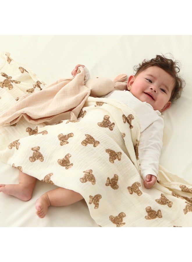 انسولار قطعتان بطانات لف أطفال، شاش قطني مكرمش مزدوج الطبقات، لحف المواليد الكبير 120×120 سم، تنفس مثالي - كاكي سادة وبنقش دب لطيف - Image 2