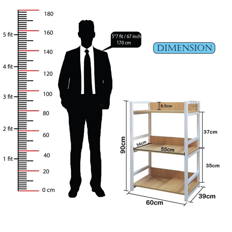 Lukzer 3 Layer Multipurpose Stand for Kitchen, Bedroom, Office, Garage, Shops, Salon Space Saving Storage Organizer Rack Shelf for Kids Room (White/90 x 39 x 60 cm, Wood, Metal) - Image 2