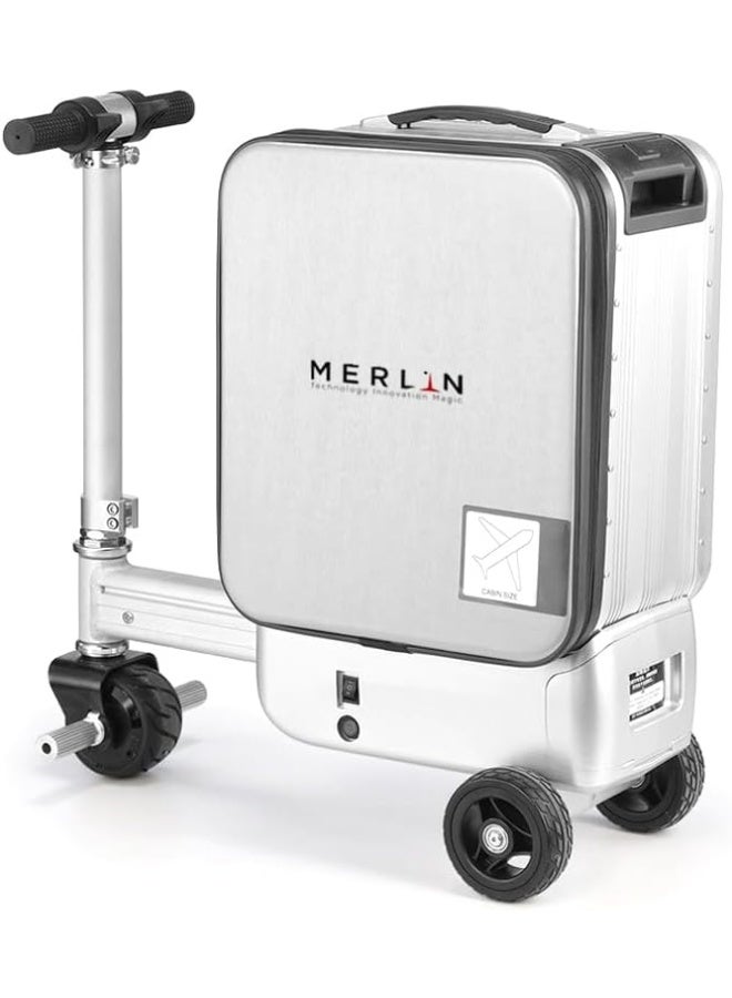 ميرلين Melrin حقيبة سكوتر ميرلين الذكية مع بطارية قابلة للفصل، حمولة 90 كجم، بنك طاقة، حقيبة سفر قابلة للركوب بإطار من الألومنيوم، بطارية 93.6 واط في الساعة، للسفر والمطارات ورحلات العمل (فضية) - Image 1