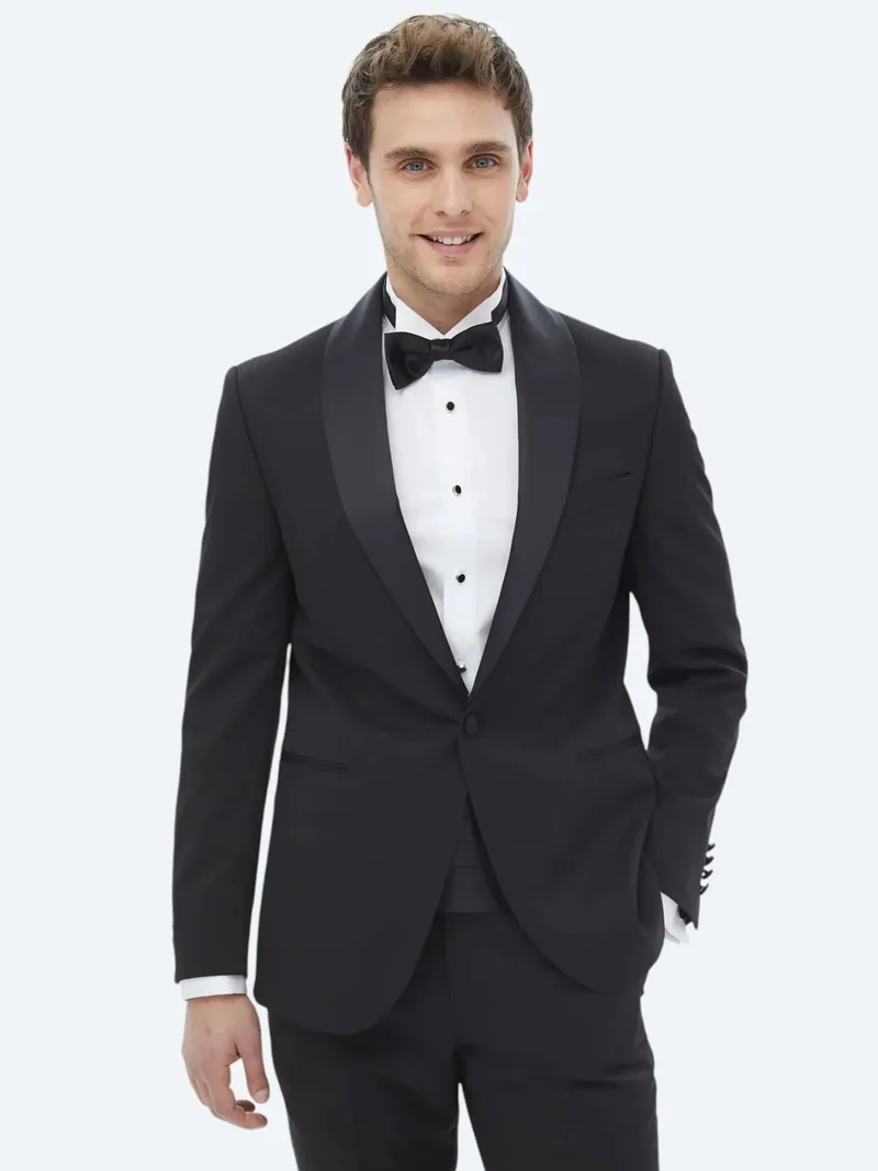 Kip Black Plain Slim Fit Removable Shawl Collar Weaving Tuxedo