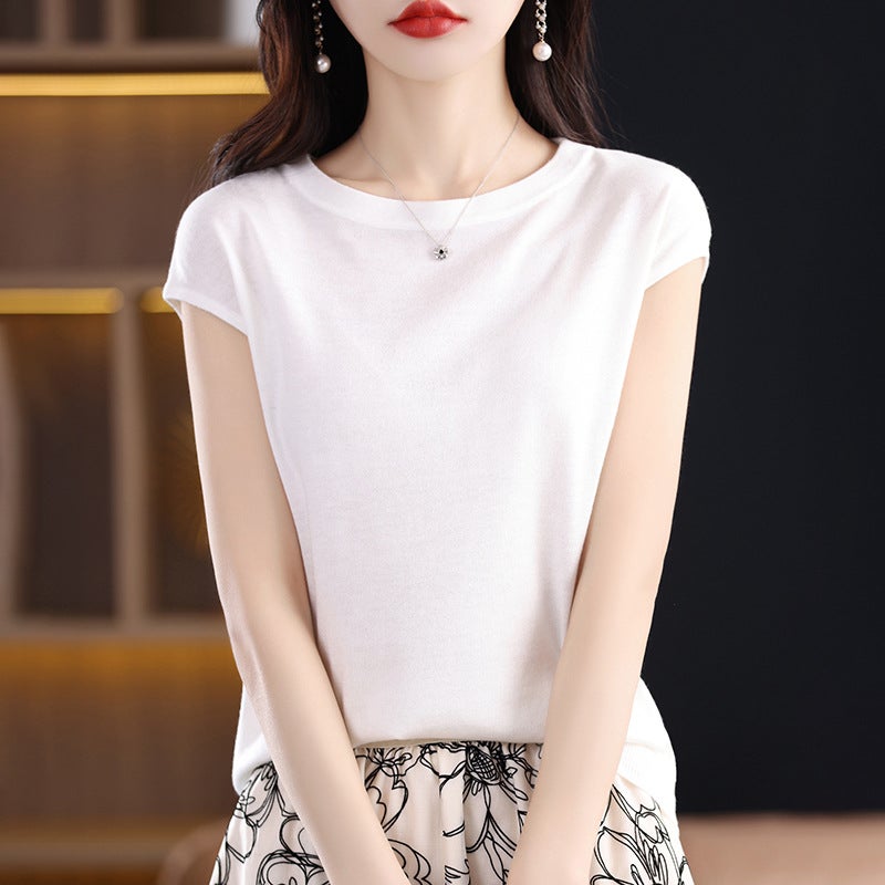 Fine-Imitation Thin Non-Cashmere Short-Sleeved T-Shirt Women'S Top 25 Spring Knitted Women'S Slim-Fit Crewneck Base Vest Summer - Image 1