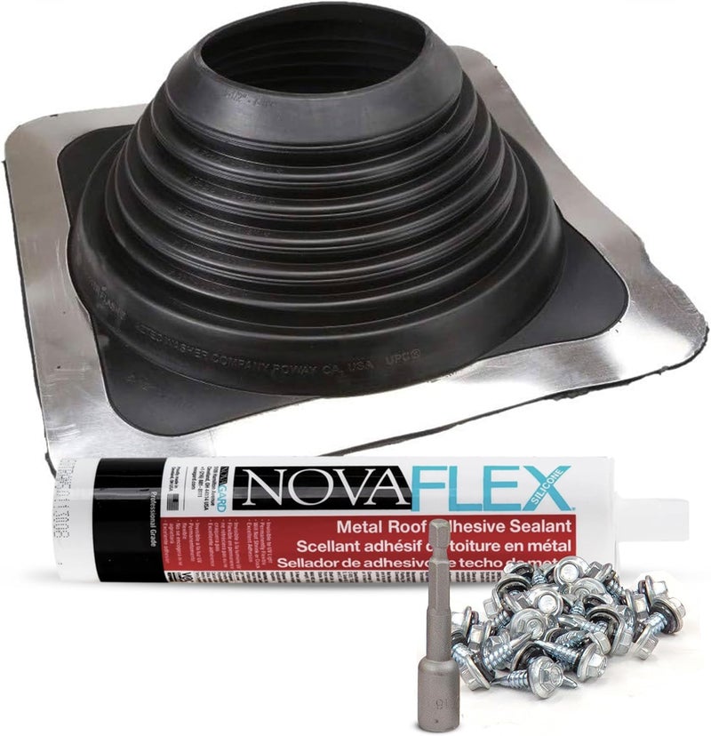 Fasteners Plus Store #7 Square EPDM Metal Roof Pipe Flashing Boot Kit - Fits 5-1/2" - 11-1/2" Pipe OD - Includes Flashing, NovaFlex Sealant & Roofing Stitch Screws - Black (Made in USA) - Image 1