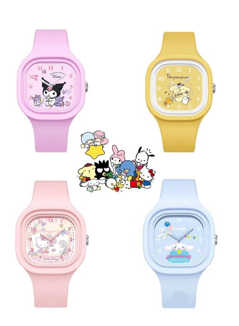 4 PCS Cartoon Children Watch,Square Cartoon Sanrio Pattern Children's Watch Silicone Strap Suitable for Kids of All Ages Gift Watches - Image 1
