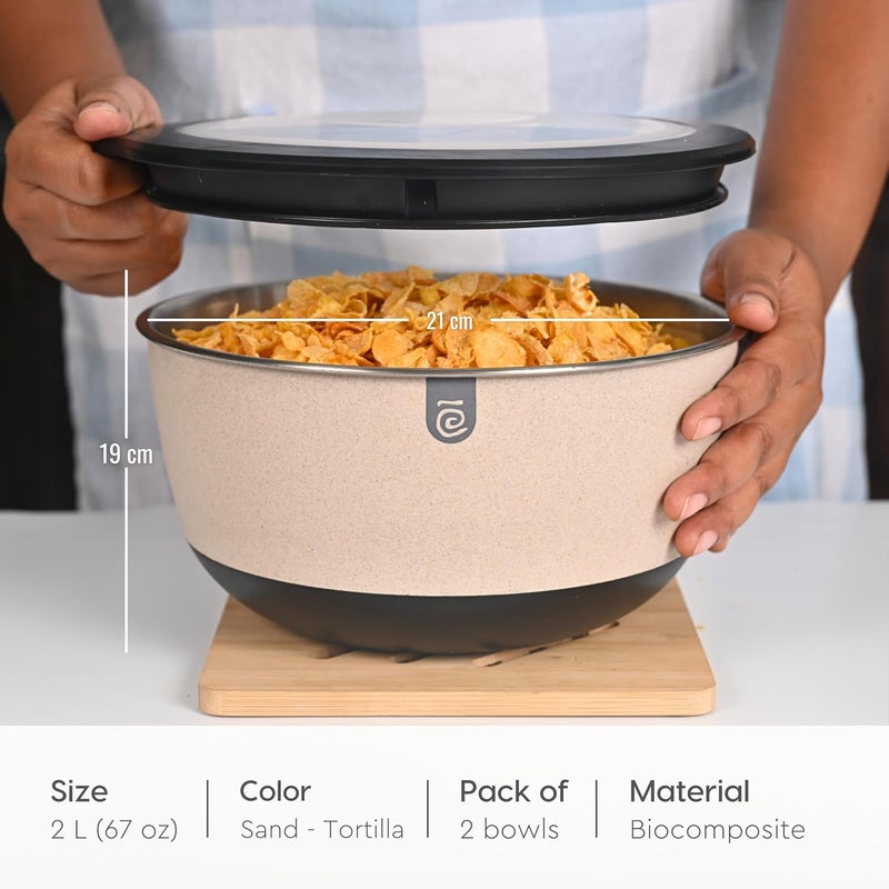 Eha Earth Friendly Storage Container Bowls for Kitchen Set of 2 2000ml Mixing Bowls Made with Rice Husk Bowl with Lid Air Tight Containers for Kitchen Storage Sand Tortila - Image 2