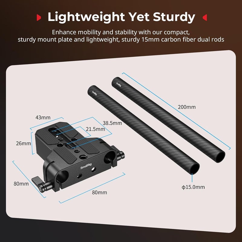 SmallRig Camera Base Plate Kit with 15mm LWS Rod Rail Clamp, Carbon Fiber 15mm Rods (8'' / 20cm), for Sony A6500 A6600 A6300, for Canon R5 R6, for Sony A7SIII / A7III, Both for Cameras & Cages - 5609 Temp fluctuation resistant crafted quality - Image 3