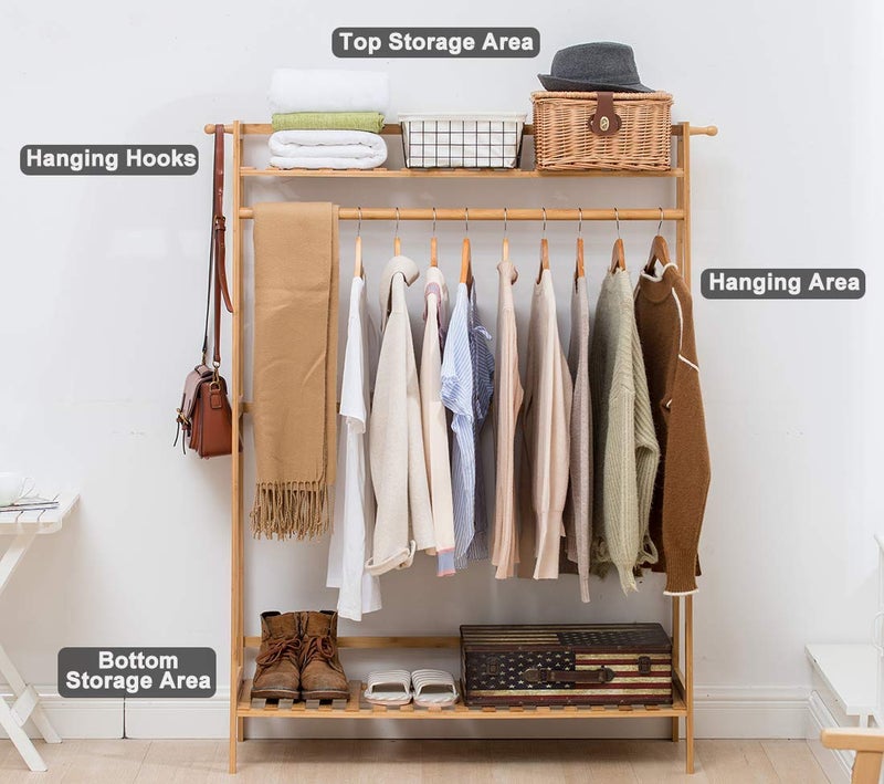 LEOPAX Bamboo Garment Rack with 2 Shelves & Hanging Rod | Clothing Organizer with Shoe Storage | Freestanding Clothes Rack for Bedroom, Entryway & Hallway (80×40×140 cm) - Image 5
