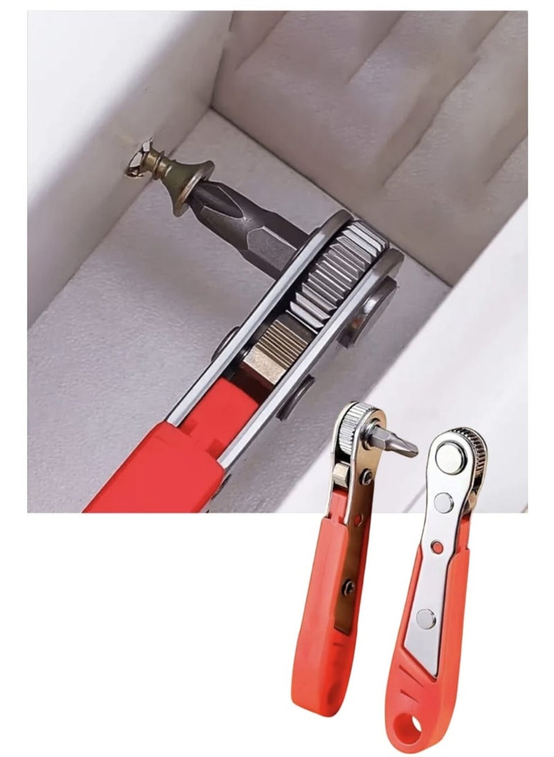 Mini Ratchet Wrench, Right Angle Magnetic Screwdriver for Tight Spaces, with 0.6cm Drive, High Torque Offset, Reversible Mini Ratcheting Offset Screwdriver, with Screwdriver Bits Set (Orange) - Image 1