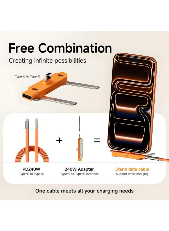 BASEMO 240W Phone Holder Cable, USB-C Type-C Data Cable with PD Fast Charging, Multi Charging Cable Kit with Stand Adapter Plug, Built-in Phone Holder, High-Speed Data Transfer, Durable Braided Design, Compatible with Xiaomi, Samsung, iPhone, iPad, MacBook, Tablets & Gaming Devices - Image 3