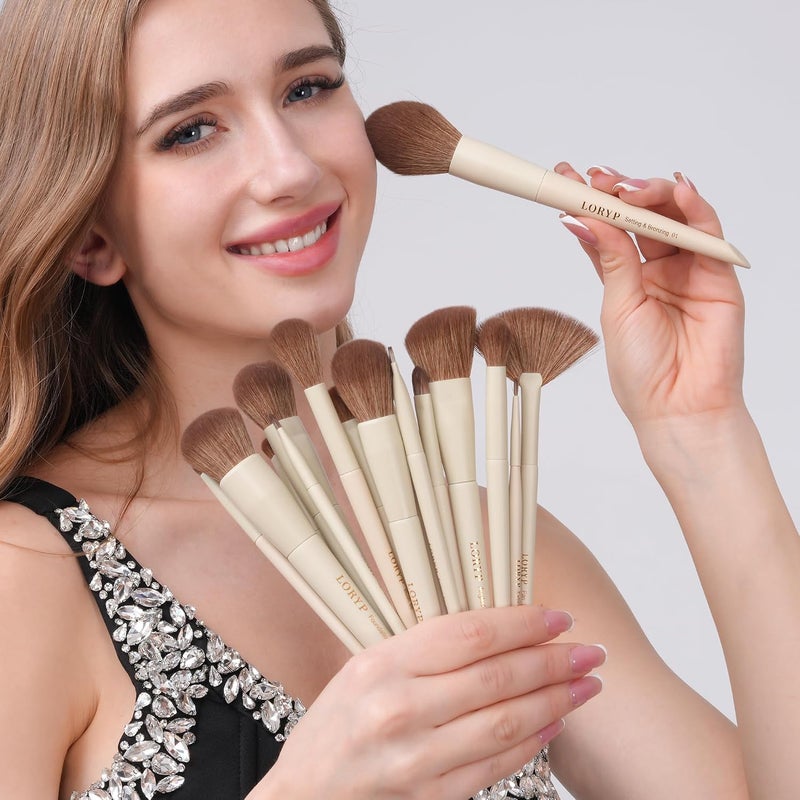 LORYP Makeup Brushes Set Labeled 18 Piece Face and Eye Brush Set Ultra soft hair Foundation, Concealer, Blush, Contour, Blending, Eyeshadow Khaki Brush kit - Image 2
