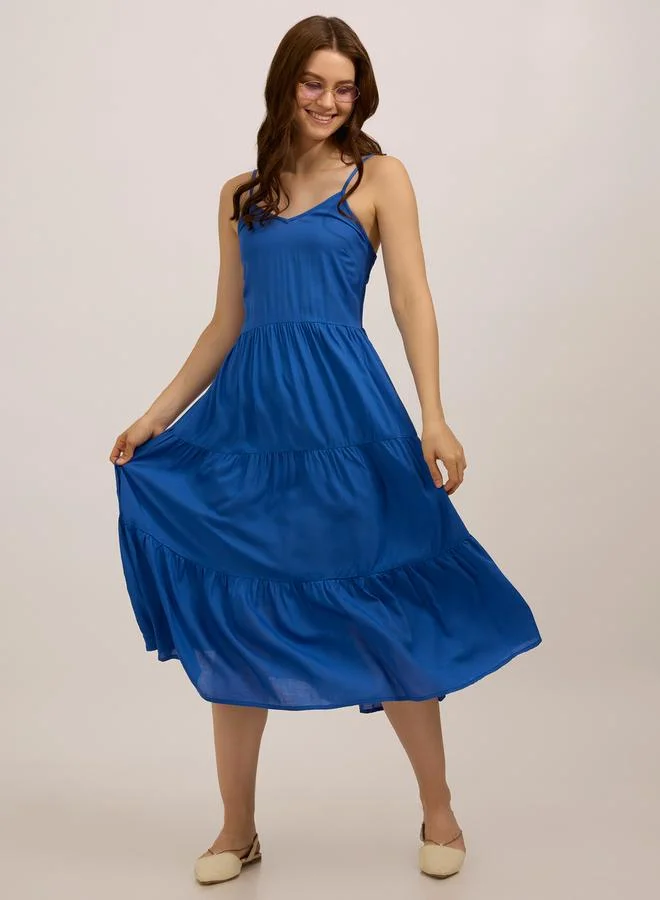 OUTZIDR Blue Tiered Midi Dress
