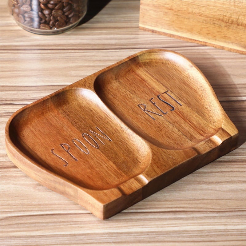 NOOETAH Large Acacia Wood Spoon Rest, Double Wooden Spoon Holder With Non Slip Silicone Feet, Handmade Kitchen Rest for Kitchen Countertop (Brown) - Image 1