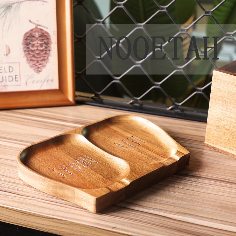 NOOETAH Large Acacia Wood Spoon Rest, Double Wooden Spoon Holder With Non Slip Silicone Feet, Handmade Kitchen Rest for Kitchen Countertop (Brown) - Image 4