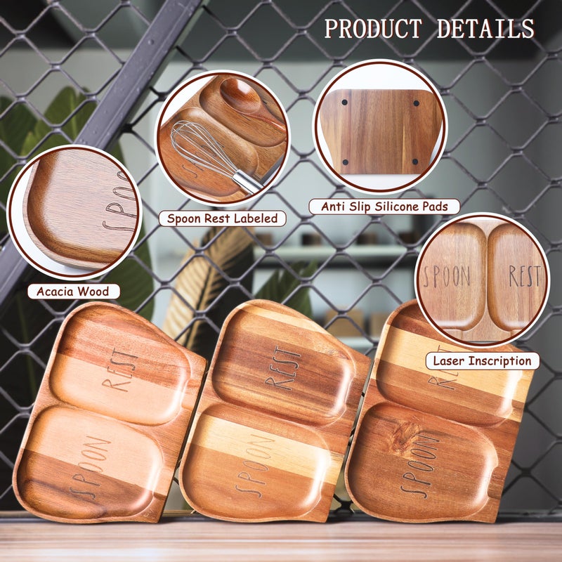 NOOETAH Large Acacia Wood Spoon Rest, Double Wooden Spoon Holder With Non Slip Silicone Feet, Handmade Kitchen Rest for Kitchen Countertop (Brown) - Image 3