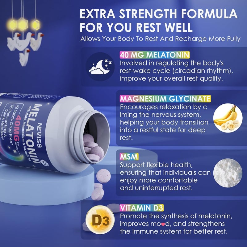 NEVISS ميلاتونين 40 ملغ للبالغين أقراص سريعة الذوبان قابلة للمضغ مكمل نوم تحت اللسان قوة إضافية من الميلاتونين مع فيتامين D3 MSM سيلينيوم لدورة الراحة الصحية نوم عميق خالي من السكر 180 حصة - Image 4