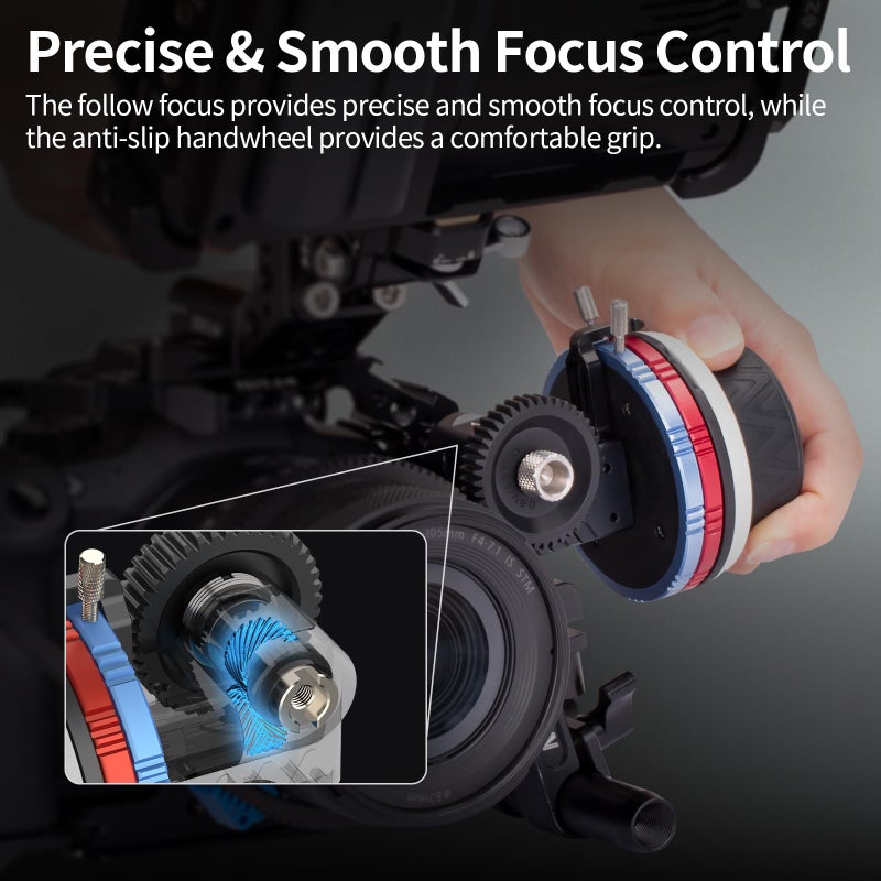 Nitze Mini Follow Focus, with 15mm Rod and Rod Clamp, Gear Ring Belt, 3 Reversible Drive Gears and 2 Marking Disks, Supports A/B Hard Stops and 360Â° Infinity Zoom - MF15C - Image 2