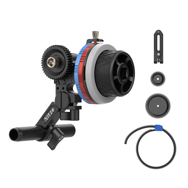 Nitze Mini Follow Focus, with 15mm Rod and Rod Clamp, Gear Ring Belt, 3 Reversible Drive Gears and 2 Marking Disks, Supports A/B Hard Stops and 360Â° Infinity Zoom - MF15C - Image 1